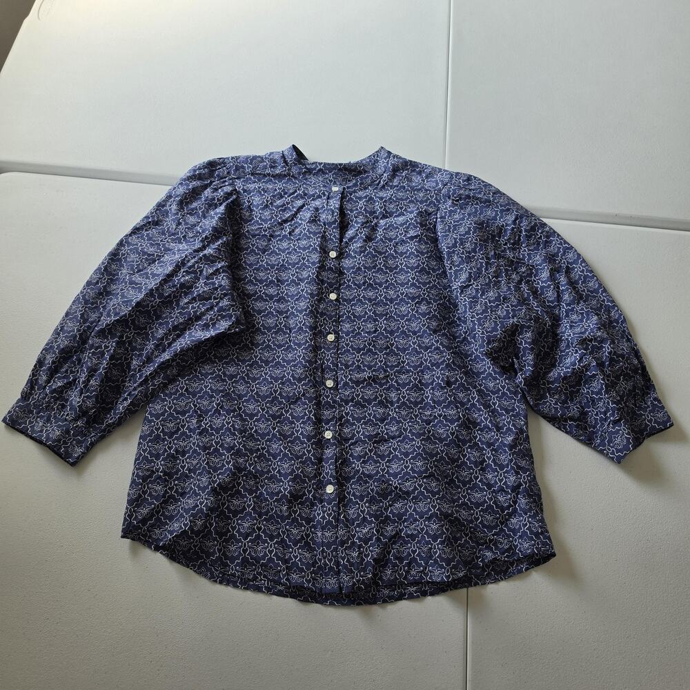 J.McLaughlin Button Up Blouse Shirt Womens Large Blue Floral Puff Sleeve Top